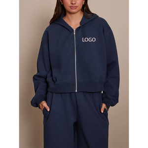 Vente Chaude Hiver Femme Streetwear Sweat à Capuche Uni en Molleton Bouclette Coupe Oversize avec Logo Brodé, Haut de Sport Actif et Veste Zippée Couleur Unie - Product Image 4