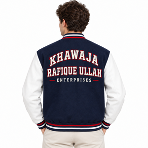 Men's Navy White Varsity Jacket Style Embroidered Front Stand Collar Regular Fit <b>Winter</b> Windproof Breathable <b>Fleece</b> Wholesale - Product Image 4
