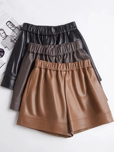 Custom Genuine Leather Women Short Manufacture <b>Maker</b> Lambskin Ladies Black High Waist Regular Fit Women's Shorts - Product Image 3