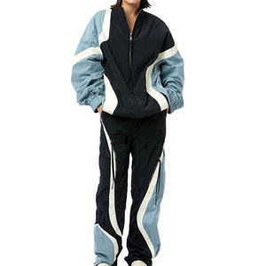 Conjunto Deportivo Unisex con Bloques de Color, Cierre de Cremallera Completo, Estilo Deportivo, Transpirable, de Poliéster, para Otoño, Corte Holgado, Dos Piezas - Product Image 1