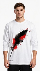 Oneten Apparel Camiseta blanca de manga larga para hombre con cuello redondo y estampado de plumas en negro y rojo - Product Image 4