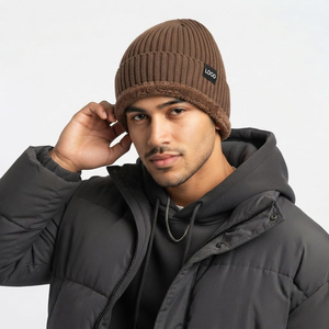 Custom Unisex <b>Brown</b> Knit <b>Beanie</b> Sherpa Fleece Lined Warm Winter Wear Hat Custom Logo Casual Wear Winter Wear Warm <b>Beanie</b> - Product Image 4