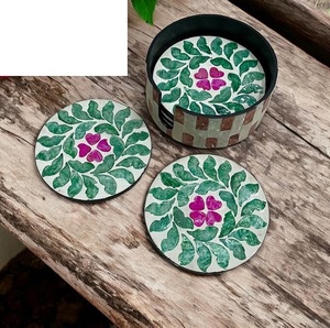 Floral Pattern Bone Inlay <b>Coaster</b> Tea Coffee <b>Drink</b> <b>Coaster</b> with Holder Set of 4 Pcs Modern Decoration Homemade Kitchen <b>Coaster</b> - Product Image 4