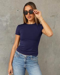 Women's <b>Navy</b> Blue Crew Neck Short Sleeve Slim Fit Cotton Jersey T-Shirt Casual Solid Color Breathable Spring Summer <b>Top</b> - Product Image 5
