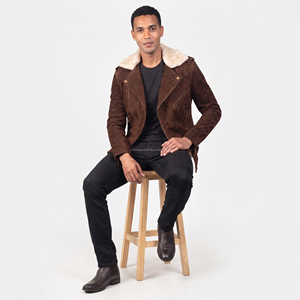<b>Men's</b> Brown <b>Suede</b> Motorcycle <b>Jacket</b> With Faux Fur Lining Zipper Closure Winter Outerwear Leather Fashion - Product Image 3