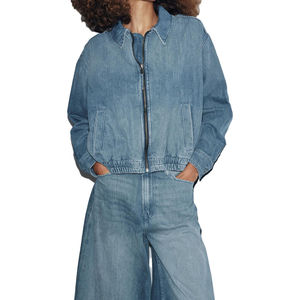Chaqueta Bomber Vaquera Azul Claro Vintage Personalizada con Cremallera para Mujer y Hombre, Estilo Oversize Streetwear, Chaqueta Casual de Jean con Cintura Elástica - Product Image 4