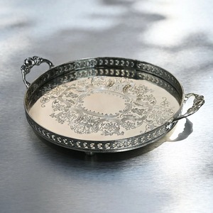 Silver Round Brass <b>Tray</b> with Handles Silver Decorative <b>Tray</b> with Handles Oval Coffee <b>tray</b> Hand Hammered Metal Platter for Living - Product Image 5