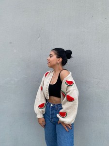 Women's <b>White</b> Hand <b>Knitted</b> <b>Cardigan</b> With Watermelon Appliques Puff Sleeve V Neck Crop Length Casual Sweater - Product Image 3