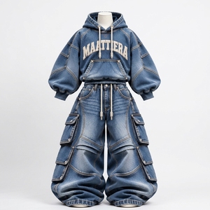 <b>Womens</b> Blue Washed Denim Hoodie And <b>Baggy</b> Cargo <b>Jeans</b> Set Oversized Drawstring Sweatshirt Multi Pocket Streetwear Custom OEM - Product Image 3