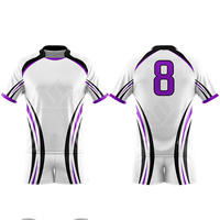 Ensemble de maillot de rugby bleu personnalisé pour hommes, manches courtes, séchage rapide, évacuation de l'humidité, respirant, polyester, col rond, taille élastique