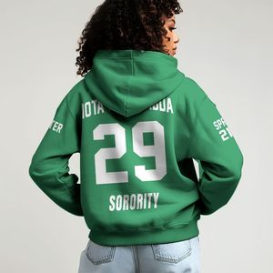 Sweat à capuche personnalisé de la sororité Iota Phi Lambda, vert émeraude, lettres grecques sur le devant, écusson et année au dos, style pull-over - Product Image 2