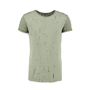 T-shirt pour homme à manches courtes vert olive, col rond, effet délavé au laser, coupe ample, style streetwear, jersey en coton tricoté - Product Image 5