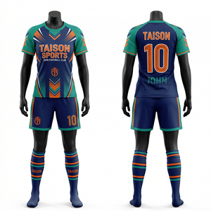 Uniforme de fútbol femenino premium, tela interlock de poliéster transpirable de 160GSM, paneles laterales en contraste azul y dorado, logotipo personalizado por sublimación. - Product Image 4