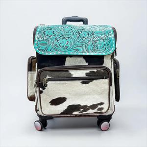 Western Rolling <b>Backpack</b> Cowhide Print Leather Zipper Closure Bohemian Style Unisex Travel Bag with <b>Wheels</b> - Product Image 1