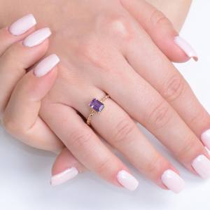 Bague Solitaire Améthyste Délicate Coupe Émeraude Pierre Précieuse Violette Alliance Mariage Bijou Pierre de Naissance Argent 925 Or 14K - Product Image 2
