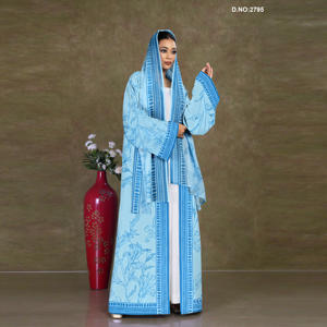 Elegant Chiffon Long <b>Shrug</b> Abaya Style with Printed Motifs, Front Open Flowing Silhouette, Modest Luxury Wear - Product Image 2