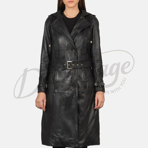Manteau long en cuir véritable noir pour femme, avec capuche, ceinture, en peau de mouton, coupe ajustée, élégant, parka en cuir - Product Image 4