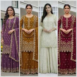 Cosido Sharara Gharara bordado indio trabajo tradicional étnico conjunto de 3 piezas Georgette seda invierno verano boda Diwali - Product Image 2