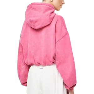 2025 Women's Oversize Fitness Gym Hoodies Pink Acid Wash Embossed Crop <b>Top</b> with Front Logo Hooded Collar for <b>Winter</b> - Product Image 4