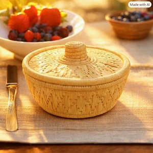 Panier rond en bambou avec couvercle, conteneur de rangement artisanal pour la cuisine, durable, écologique, pour herbes et épices - Product Image 1
