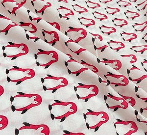White Penguin Hand Block Printed Eco-Friendly Cotton Fabric <b>Cute</b> Animal Print Soft Lightweight Kids Apparel Craft Textile - Product Image 3