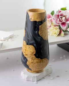 Modern Art Deco Wooden Resin Vase Round Glossy Black Gold Handmade Tabletop Floral Display - Product Image 5