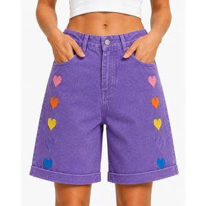 Shorts en jean pour femme, taille haute, coupe ample, ourlet retroussé, en coton, brodés de cœurs arc-en-ciel violets, style décontracté, mode estivale - Product Image 1