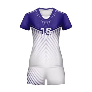 ชุดวอลเลย์บอลหญิงสั่งทำพิเศษ สีม่วงขาวลายทาง พิมพ์ลายแบบ Sublimation ผ้าโพลีเอสเตอร์ 100% ระบายเหงื่อได้ดี ทรงพอดีตัว แขนสั้น - Product Image 2