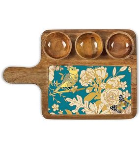 Handcrafted Mango Wood Rectangular Serving Platter with 3 Bowl Set for Starters Handles Serving Decor Dessert Serving <b>Tray</b> - Product Image 5