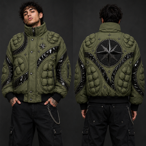 Custom Olive <b>Green</b> Puffer Jacket With Studded Panels And Compass Star Print Design Detail For Unisex Winter Wear - Product Image 4