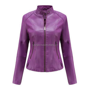 Chaqueta de cuero estilo moto para mujer al por mayor otoño viscosa púrpura motorista diseño ajustado cierre de cremallera cuello levantado transpirable - Product Image 2