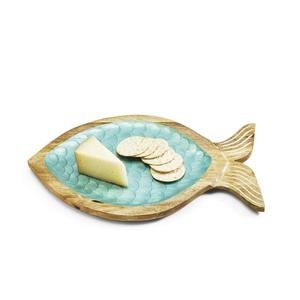Plateau de service décoratif en bois sculpté à la main de haute qualité, motif écailles bleues émaillées, pour la restauration en bord de mer - Product Image 3