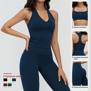 Conjunto de Yoga Rojo de 2 Piezas, Leggings de Cintura Alta, Top Corto con Espalda Cruzada y Cuello en V, Ropa Deportiva sin Costuras para Mujer - Product Image 2