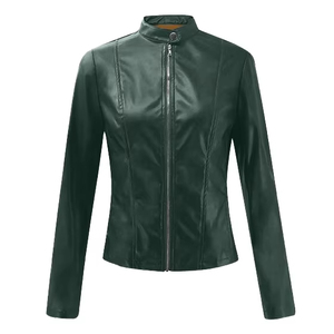 <b>Women's</b> Burgundy <b>Leather</b> Moto <b>Jacket</b> Full Sleeve Zipper Closure Turn-down Collar Short Length Biker Style Outerwear - Product Image 2