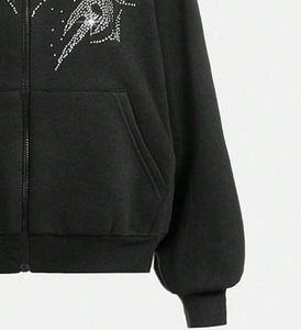 <b>Black</b> Rhinestone Heart <b>Wings</b> Zip-Up Hoodie Unisex Oversized Casual Autumn Wear Knitted Polyester Sweatshirt - Product Image 3