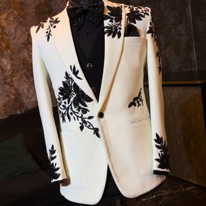 <b>Men</b>’s Ivory <b>White</b> Embroidered Blazer with Black Floral Design Wedding Party Tuxedo <b>Jacket</b> with Bow Tie - Product Image 1
