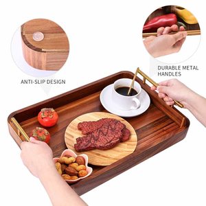 Premium Acacia Wood Tray Rectangular Wooden Serving Tray with Metal Handles for <b>Breakfast</b> Coffee Tea Food Home Decoration - Product Image 3