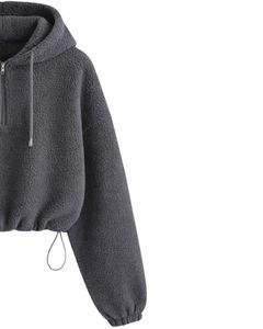 Sweat à capuche court en molleton texturé gris anthracite, quart de zip, ourlet ajustable avec cordon de serrage, streetwear décontracté, pull chaud, logo personnalisé - Product Image 3