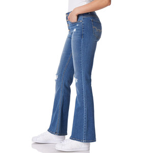 Womens Mid Rise <b>Flare</b> Leg Jeans Dark Indigo Wash Slim Fit Denim Pants Vintage Inspired Bell Bottom Trousers - Product Image 5