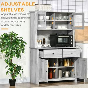 Armoire de rangement moderne gris cendre à 4 étagères avec portes vitrées 63,5 po et comptoir ouvert pour micro-ondes - Product Image 6