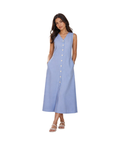 Robe midi sans manches à col en V pour femmes |   Robes d'été décontractées en lin et coton bleu clair, à boutons sur le devant et ourlet évasé - Product Image 1