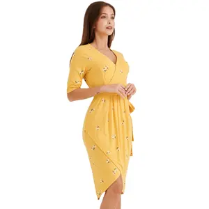 Lowest Price Yellow Plain Soft Modal Fabric Summer Floral Design Women Pregnancy Long Midi Length Overlay Maternity Dress