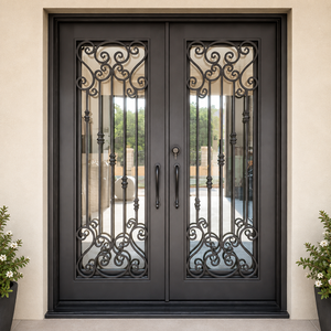 Porte d'entrée en fer forgé sur mesure avec un design décoratif élégant, une construction en acier durable et une finition haut de gamme pour une entrée de maison de luxe - Product Image 1