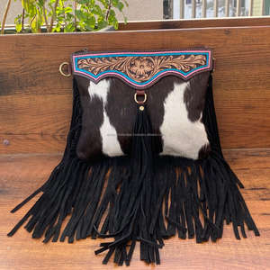 Bolso cruzado con flecos de cuero con pelo occidental para mujer, bolso con borlas florales de cuero genuino personalizado, bolsos de piel de vaca - Product Image 4