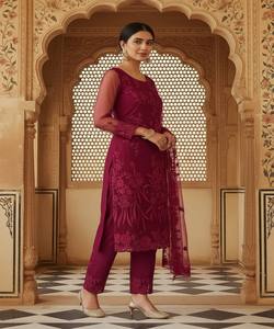 Ensemble haut, bas et dupatta en coton bordeaux, broderie filet fantaisie, style designer, dernière collection, vêtement ethnique, tenue de fête, taille unique, prix de gros - Product Image 2