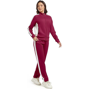 Chándal con cuello alto para mujer, mezcla de algodón y poliéster, diseño de bloques de color, chaqueta con cremallera completa, pantalones con rayas laterales - Product Image 3