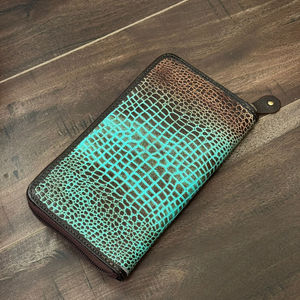 Portefeuille à fermeture éclair en cuir véritable gaufré à la main en crocodile pour femmes fentes pour cartes multiples sac à main pochette de voyage avec fente pour la main - Product Image 5