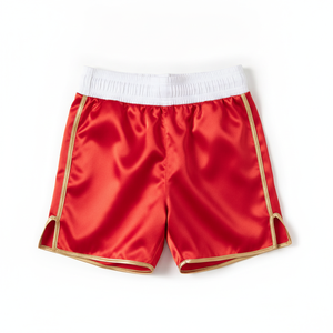 Shorts de boxe rouges avec bordure dorée, taille élastique, vêtements d'arts martiaux unisexes pour adultes - Product Image 1