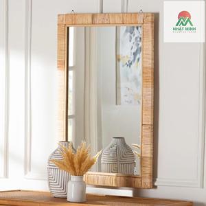 Bandeja rectangular de ratán con marco de madera. Espejo de pared para la sala de estar, dormitorio o pasillo. Espejo de cuerpo entero. - Product Image 1