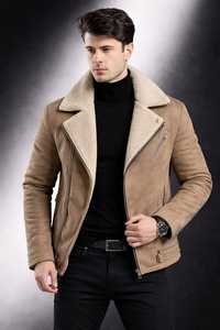 <b>Men's</b> Brown <b>Suede</b> <b>Leather</b> <b>Jacket</b> with Sherpa Fur Collar | Custom Biker <b>Jacket</b> | OEM Wholesale Manufacturer - Product Image 2